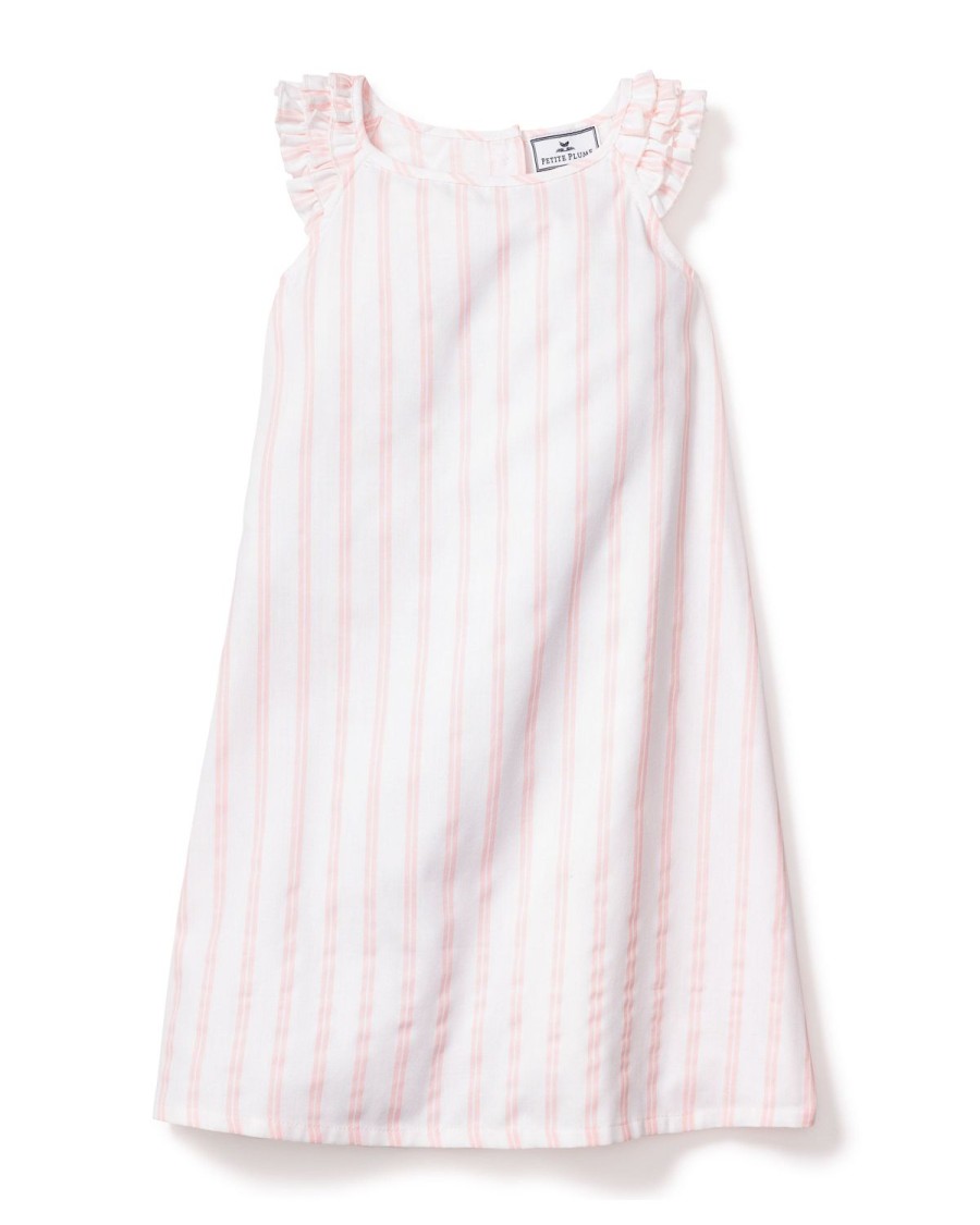 Enfants Petite Plume Chemises De Nuit | Chemise De Nuit Amelie En Serge Pour Fille A Rayures Roses Et Blanches