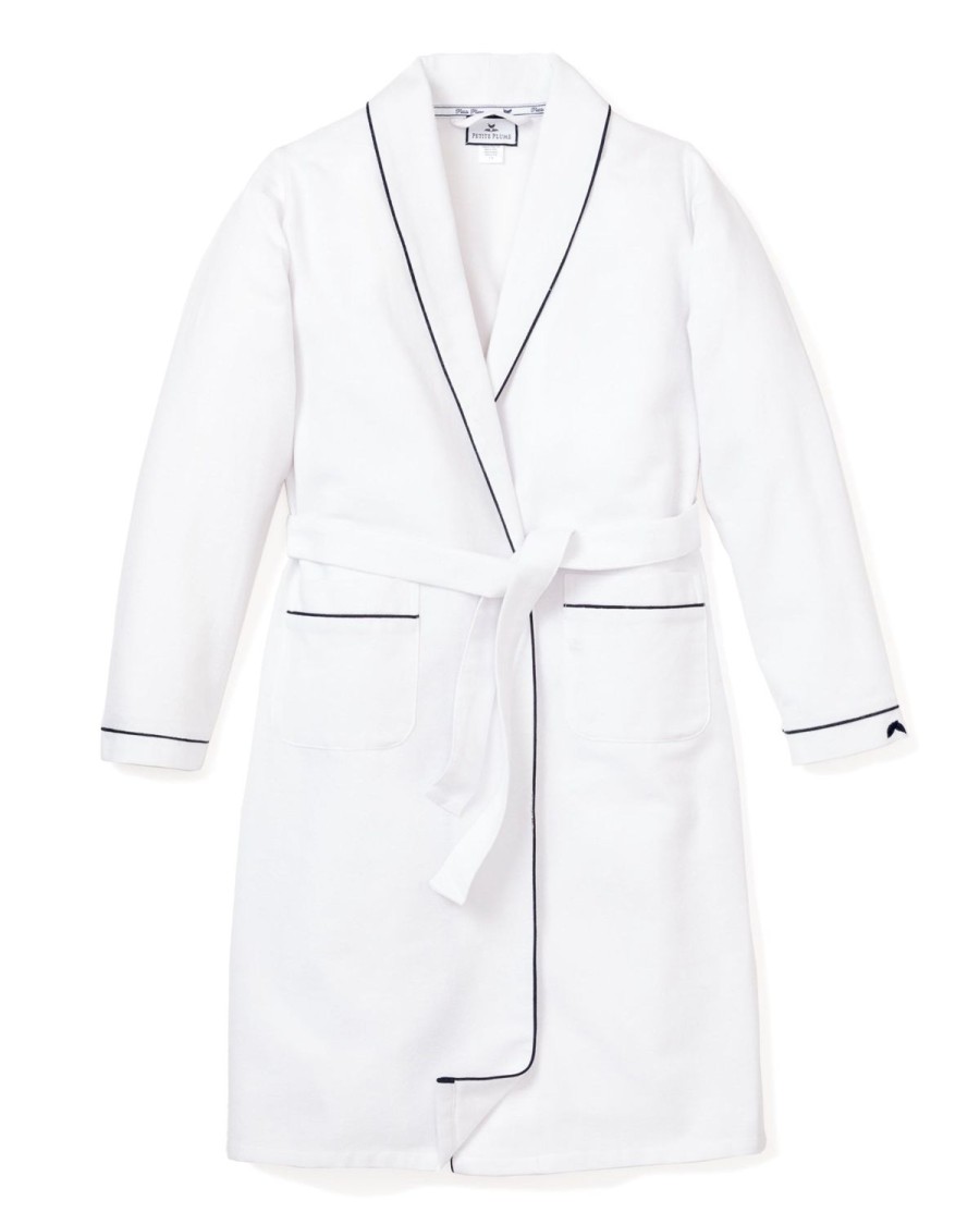 Hommes Petite Plume | Robe En Flanelle Pour Hommes En Blanc Avec Passepoil Bleu Marine