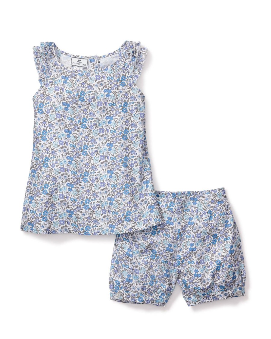 Enfants Petite Plume Pyjamas | Ensemble Court Amelie En Serge Pour Fille A Fleur D'Azur