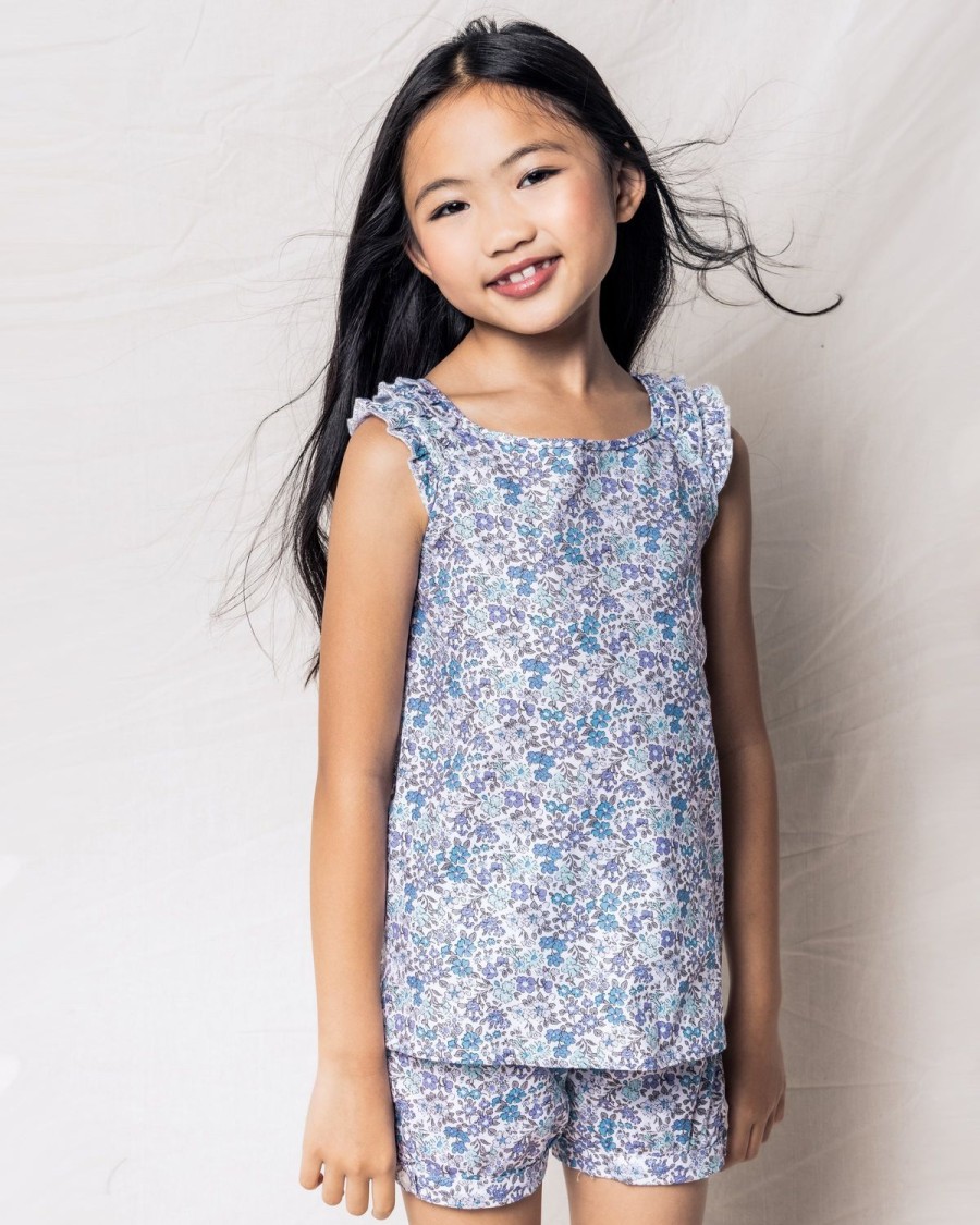 Enfants Petite Plume Pyjamas | Ensemble Court Amelie En Serge Pour Fille A Fleur D'Azur