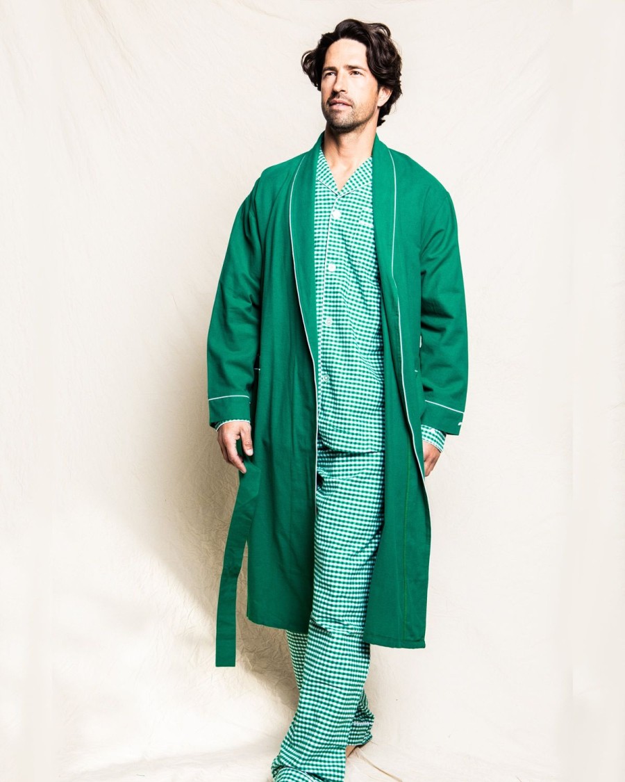 Hommes Petite Plume | Robe En Flanelle Pour Hommes En Vert Foret Avec Passepoil Blanc