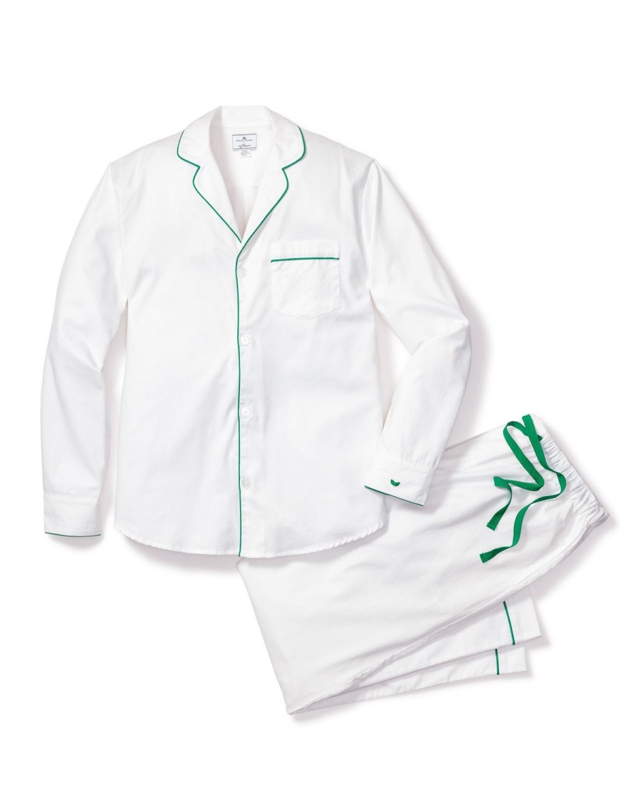 Hommes Petite Plume | Ensemble Pyjama En Serge Pour Hommes En Blanc Avec Passepoil Vert