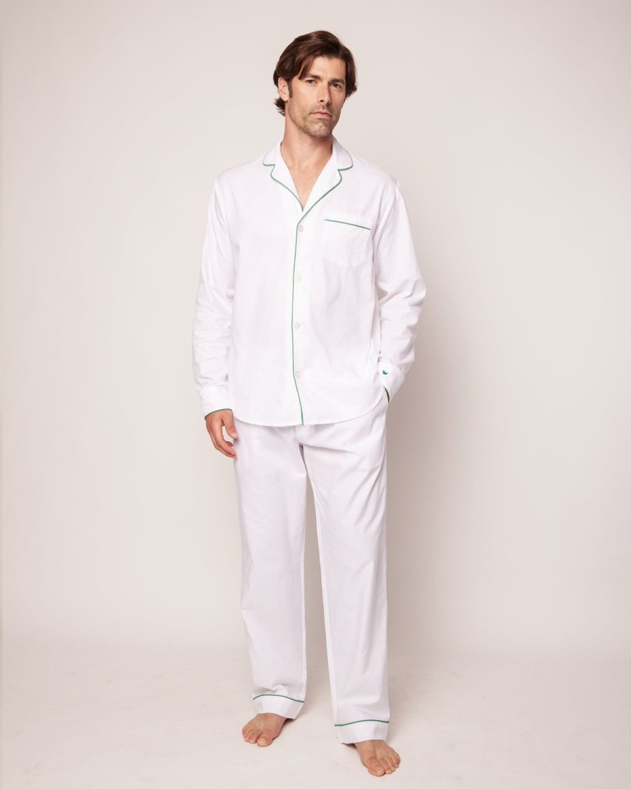 Hommes Petite Plume | Ensemble Pyjama En Serge Pour Hommes En Blanc Avec Passepoil Vert