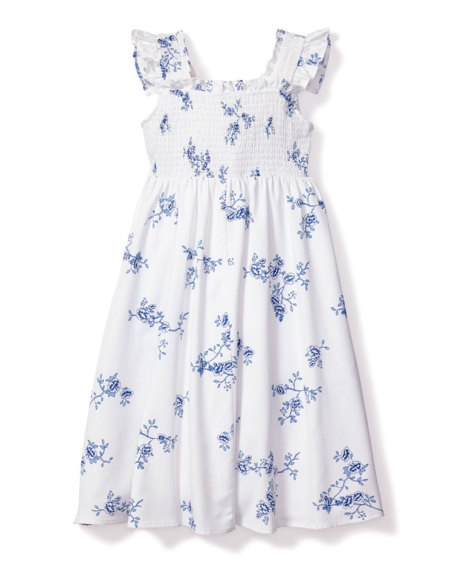 Enfants Petite Plume Vetements De Jour | Robe Margaux En Serge Pour Fille A Fleurs Indigo