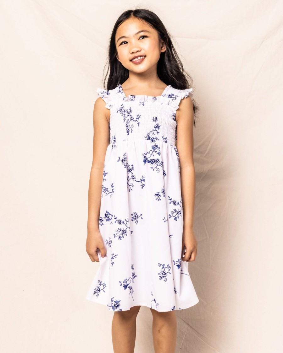 Enfants Petite Plume Vetements De Jour | Robe Margaux En Serge Pour Fille A Fleurs Indigo