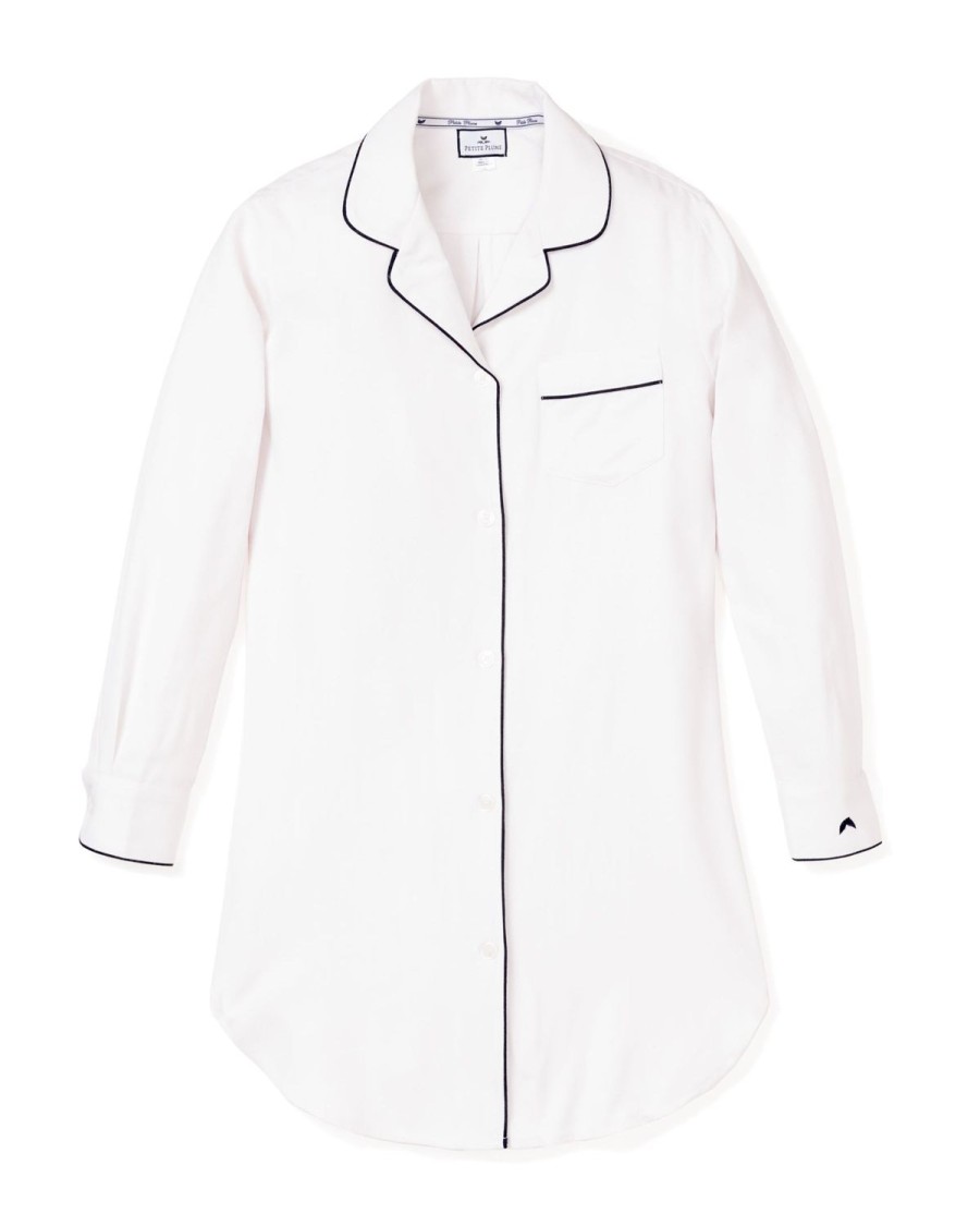 Femmes Petite Plume | Chemise De Nuit Pima Pour Femme En Blanc Avec Passepoil Noir