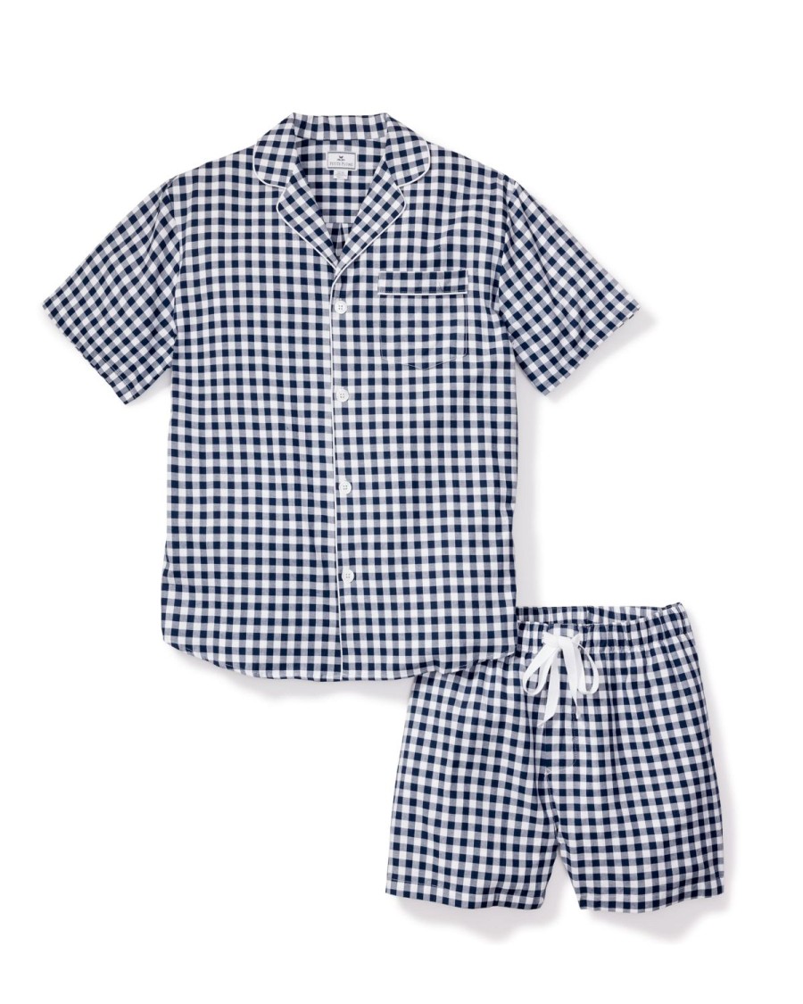 Hommes Petite Plume | Ensemble Pyjama Court En Serge Pour Hommes En Vichy Bleu Marine