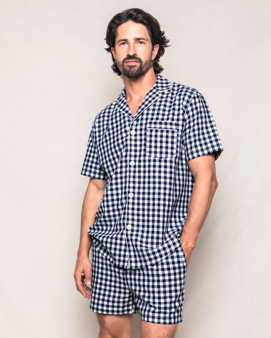 Hommes Petite Plume | Ensemble Pyjama Court En Serge Pour Hommes En Vichy Bleu Marine