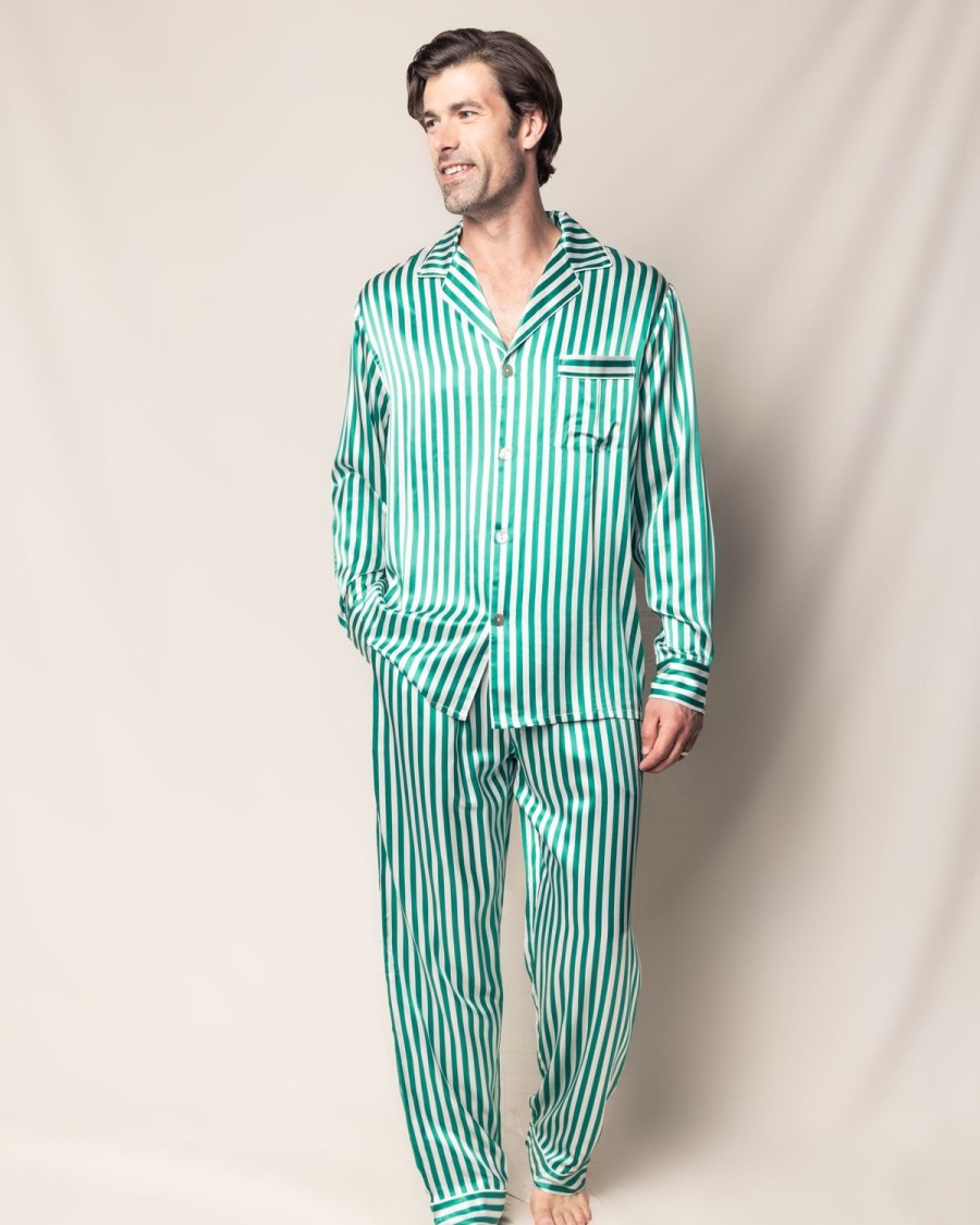 Hommes Petite Plume | Ensemble Pyjama En Soie Pour Hommes A Rayures Vertes