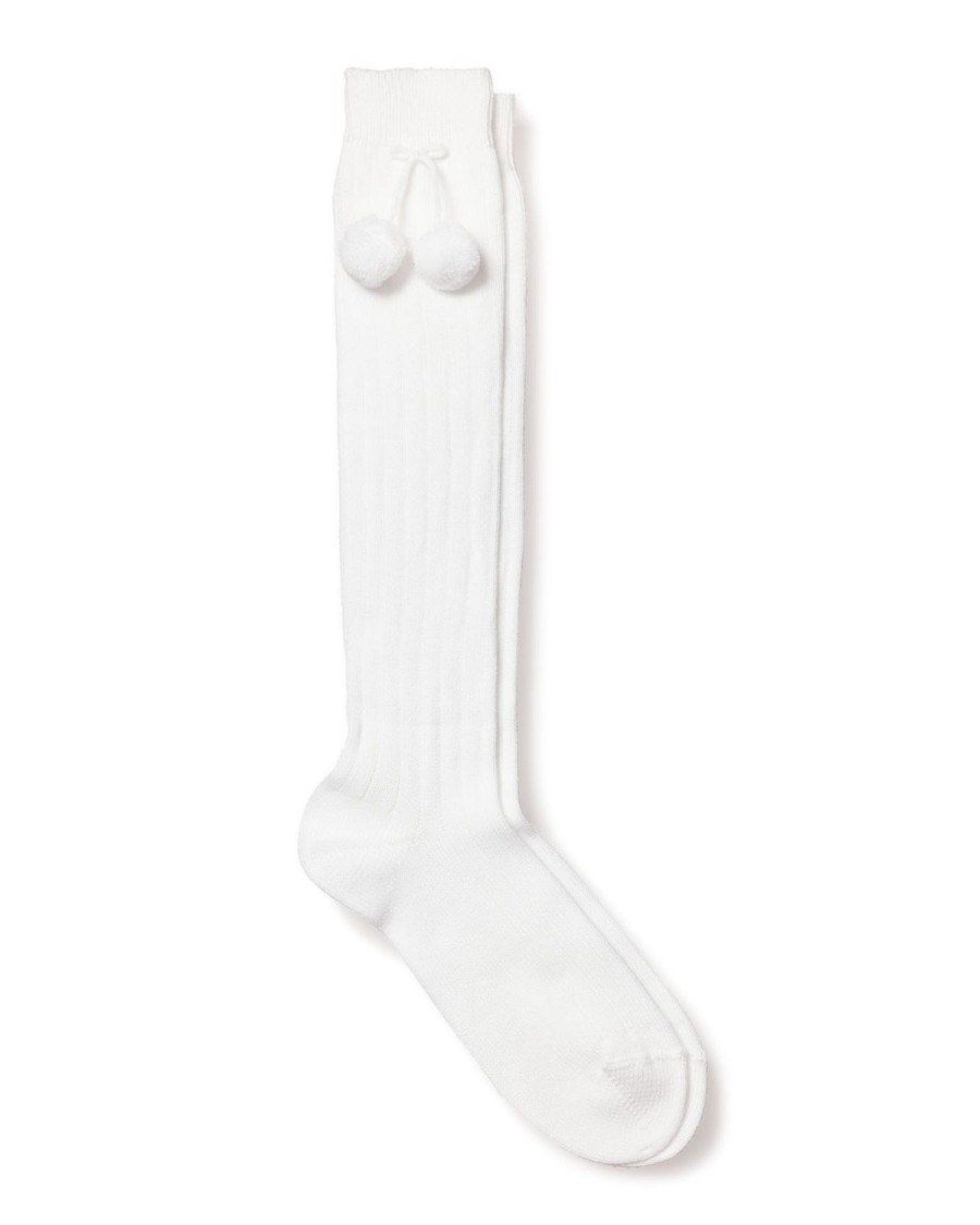 Enfants Petite Plume Pantoufles Et Accessoires | Chaussettes Hautes Cotelees Blanches A Pompons Pour Enfants