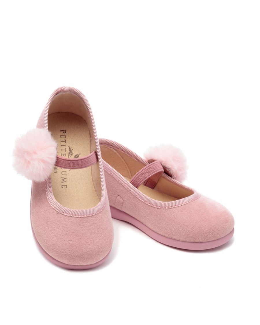 Enfants Petite Plume Accessoires | Babouche Delphine Enfant En Daim Rose Antique Avec Pompon Festif