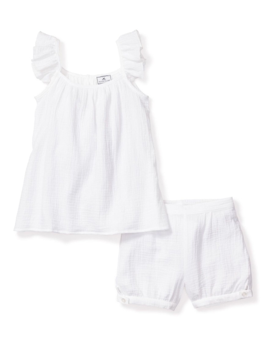 Enfants Petite Plume Vetements De Jour | Ensemble Court Amelie En Gaze Pour Fille En Blanc