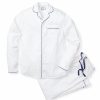 Hommes Petite Plume | Ensemble Pyjama En Serge Pour Hommes En Blanc Avec Passepoil Bleu Marine