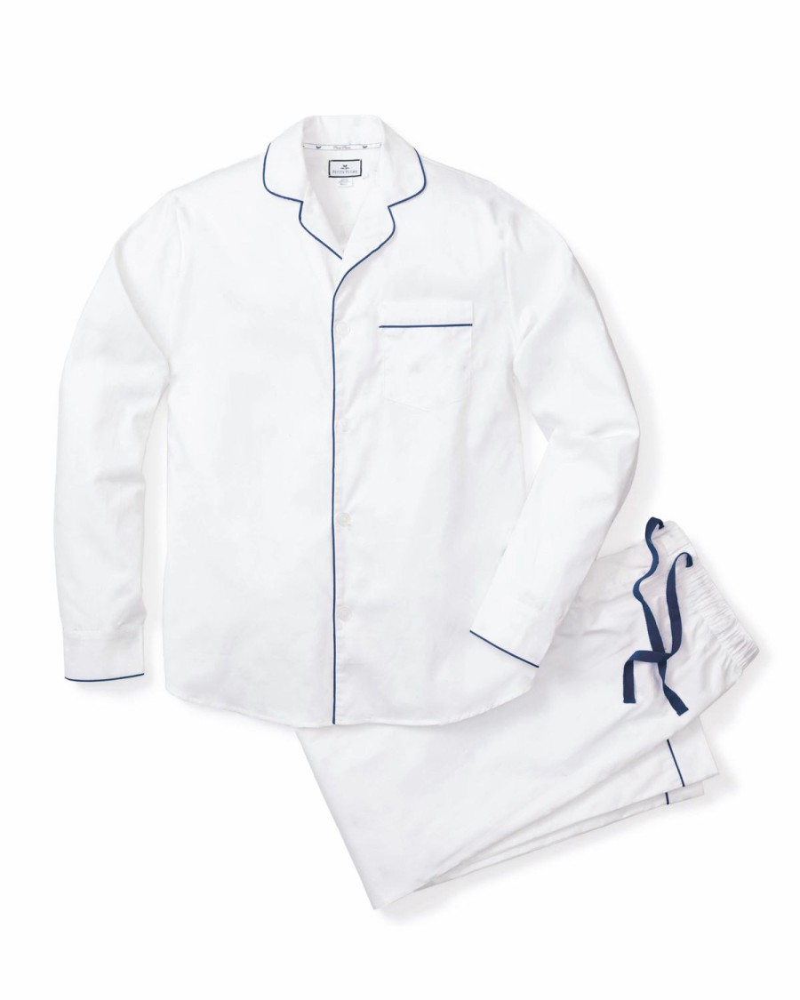 Hommes Petite Plume | Ensemble Pyjama En Serge Pour Hommes En Blanc Avec Passepoil Bleu Marine