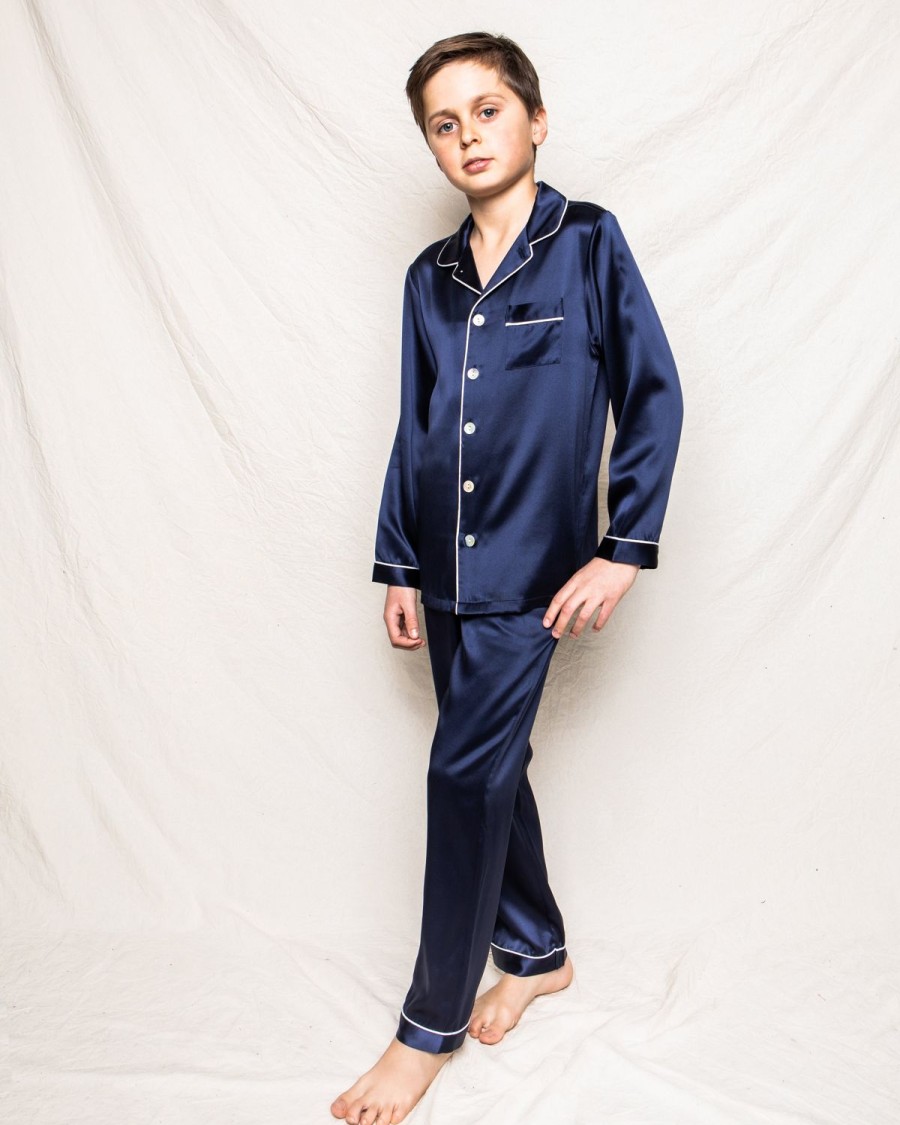 Enfants Petite Plume Pyjamas | Ensemble Pyjama En Soie Pour Enfant En Bleu Marine