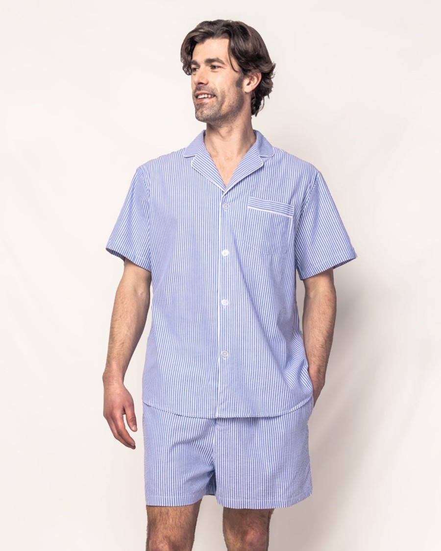 Hommes Petite Plume | Ensemble Pyjama Court En Serge Pour Hommes En Seersucker Bleu Francais