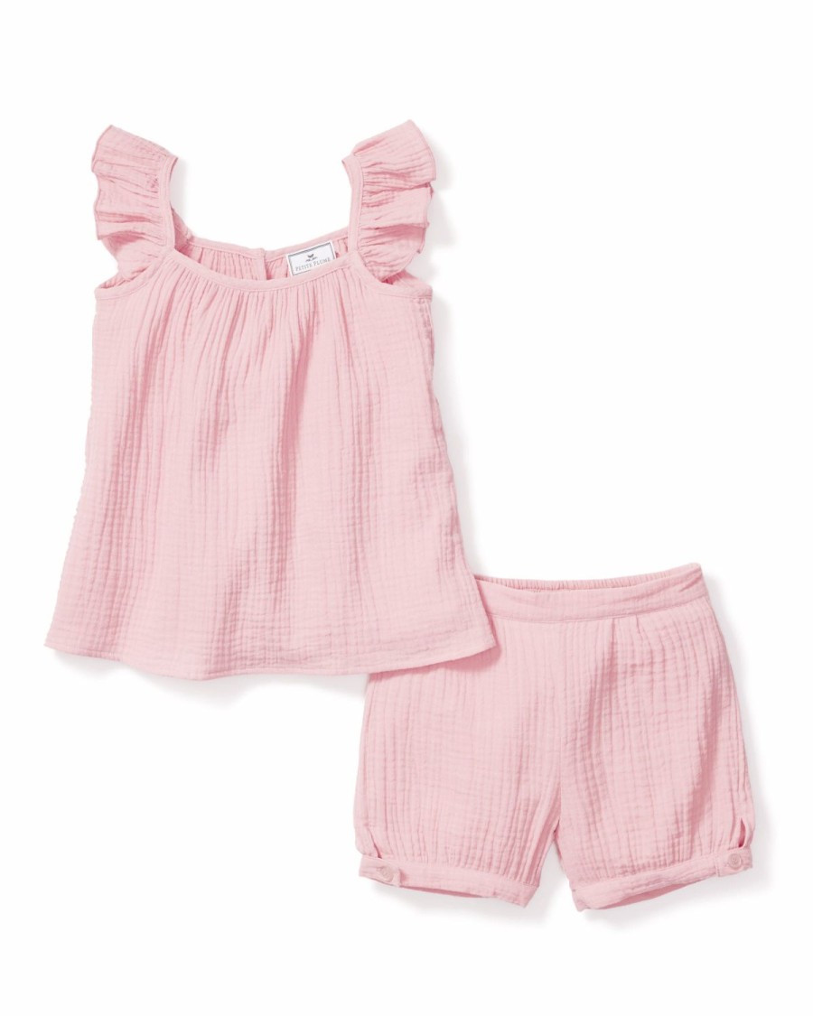 Enfants Petite Plume Vetements De Jour | Ensemble Court Amelie En Gaze Pour Fille En Rose