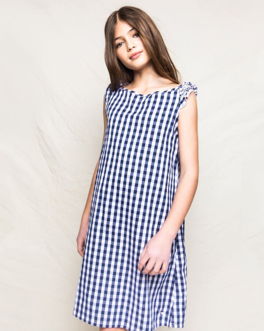 Enfants Petite Plume Chemises De Nuit | Chemise De Nuit Amelie En Serge Pour Fille En Vichy Bleu Marine