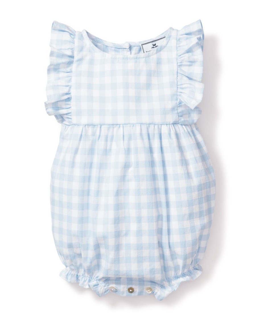 Enfants Petite Plume Barboteuse | Barboteuse A Volants En Serge Pour Bebe En Vichy Bleu Clair