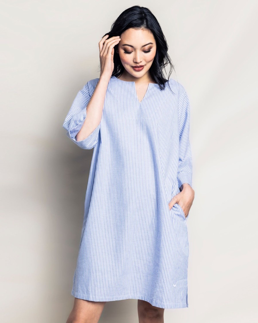 Femmes Petite Plume | Caftan Court En Seersucker Bleu Francais Pour Femme