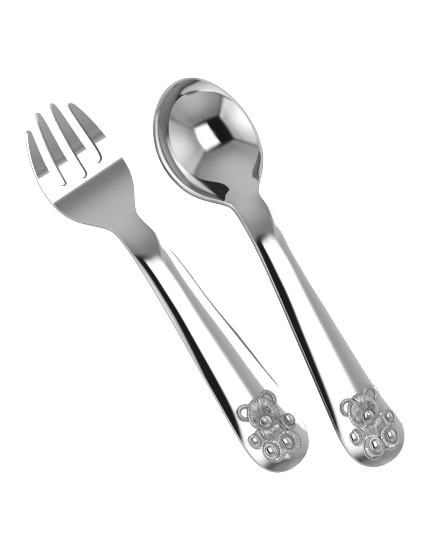 Enfants Petite Plume Accessoires | Cuillere Et Fourchette En Assiette En Argent Teddy