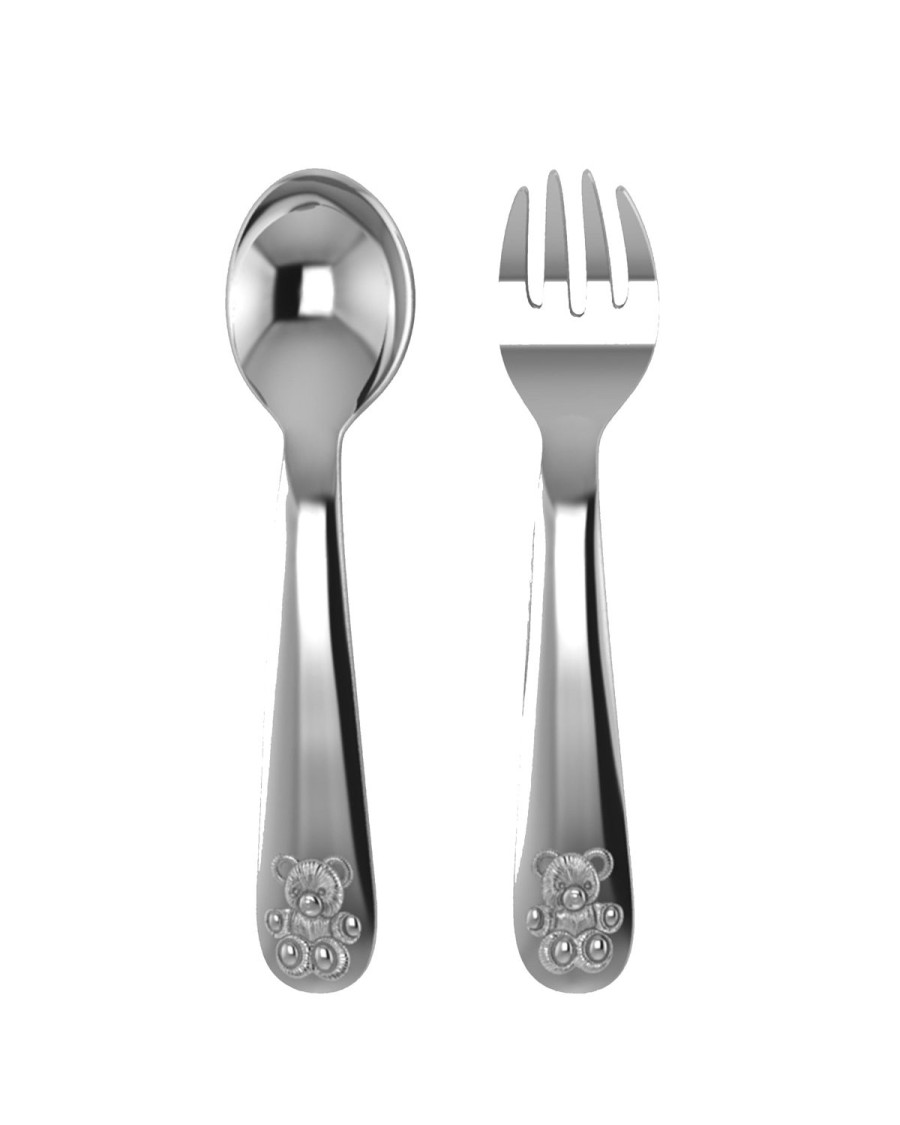 Enfants Petite Plume Accessoires | Cuillere Et Fourchette En Assiette En Argent Teddy