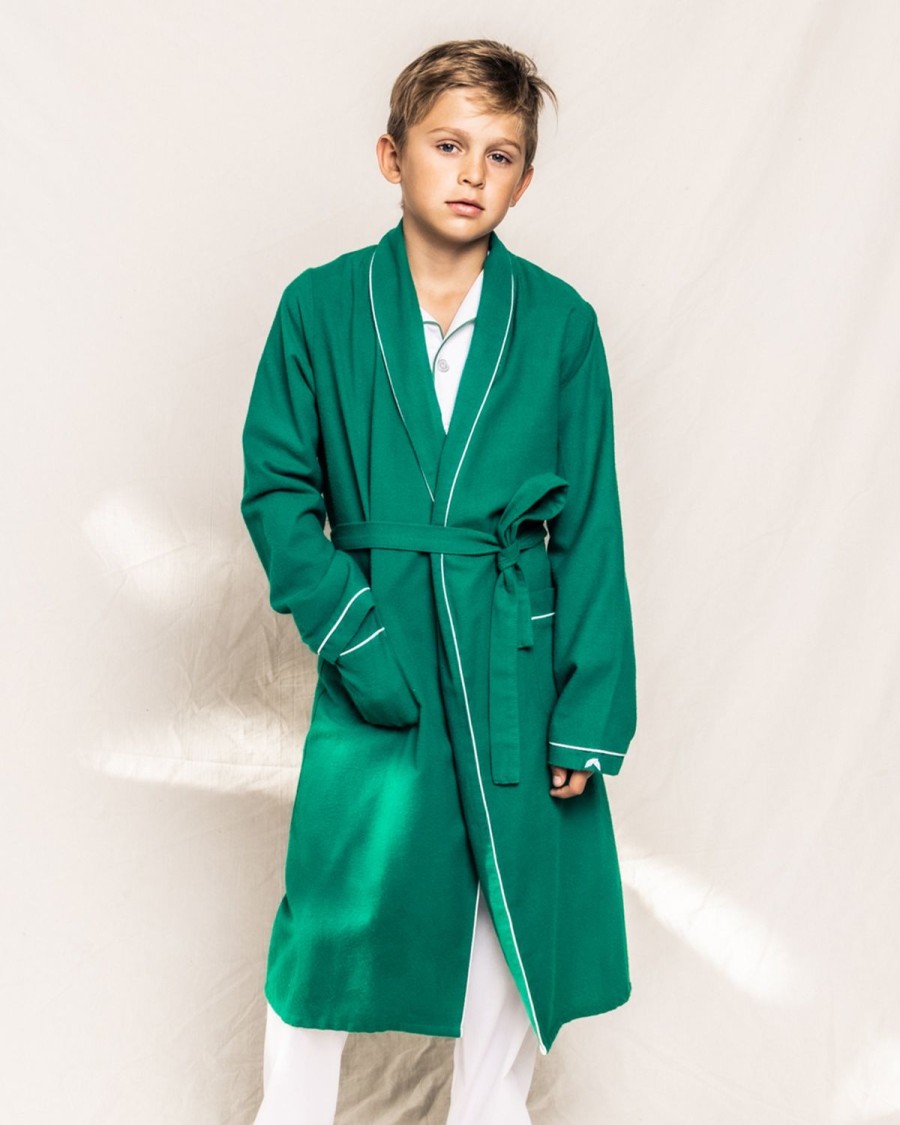 Enfants Petite Plume Peignoirs | Robe En Flanelle Pour Enfant En Vert Foret Avec Passepoil Blanc