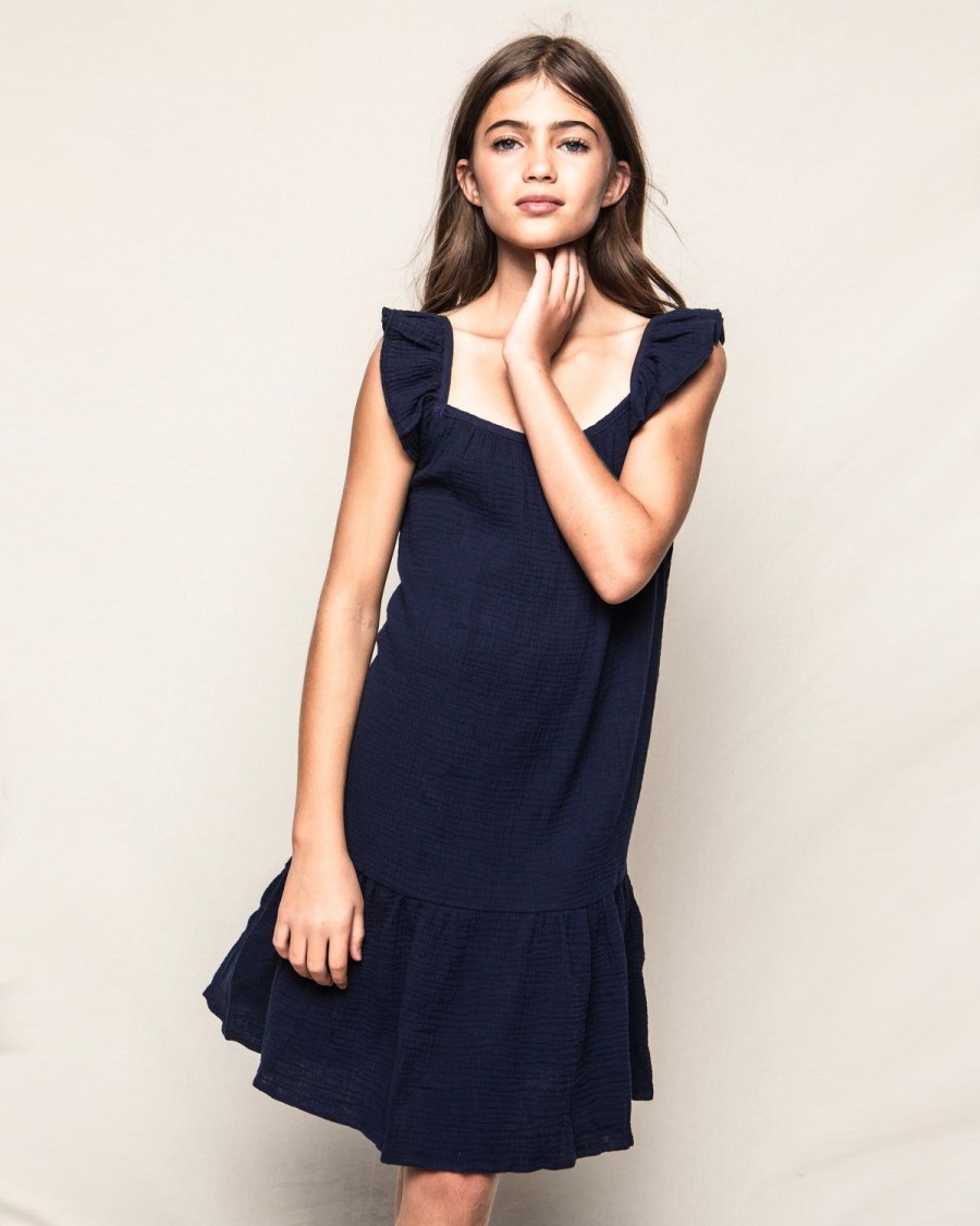 Enfants Petite Plume Vetements De Jour | Robe D'Ete Celeste En Gaze Pour Fille En Bleu Marine