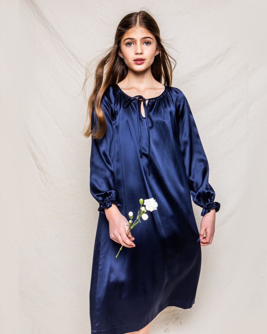 Enfants Petite Plume Chemises De Nuit | Chemise De Nuit Delphine En Soie Pour Fille En Bleu Marine