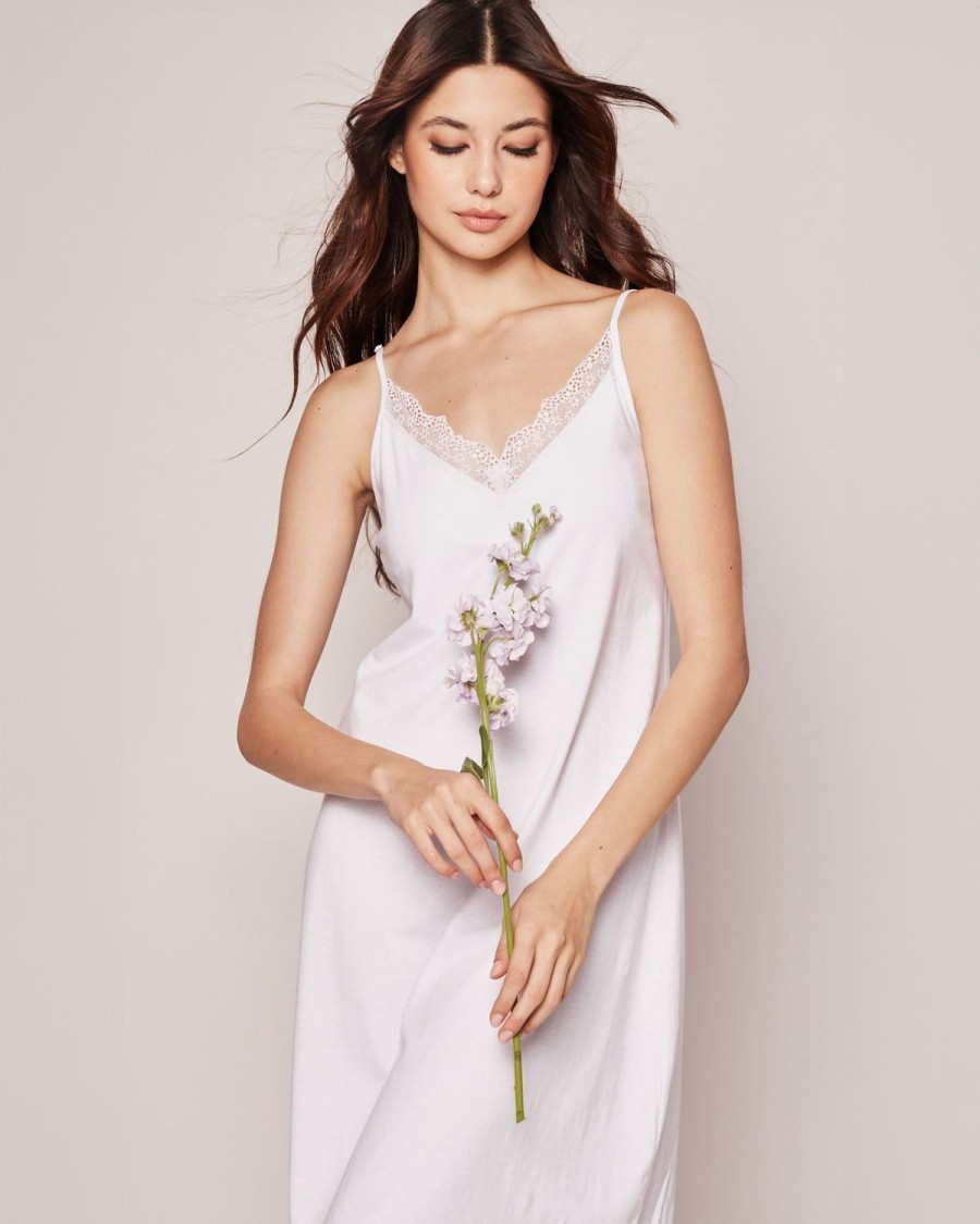 Femmes Petite Plume | Chemise De Nuit Pima Pour Femmes Avec Dentelle En Blanc