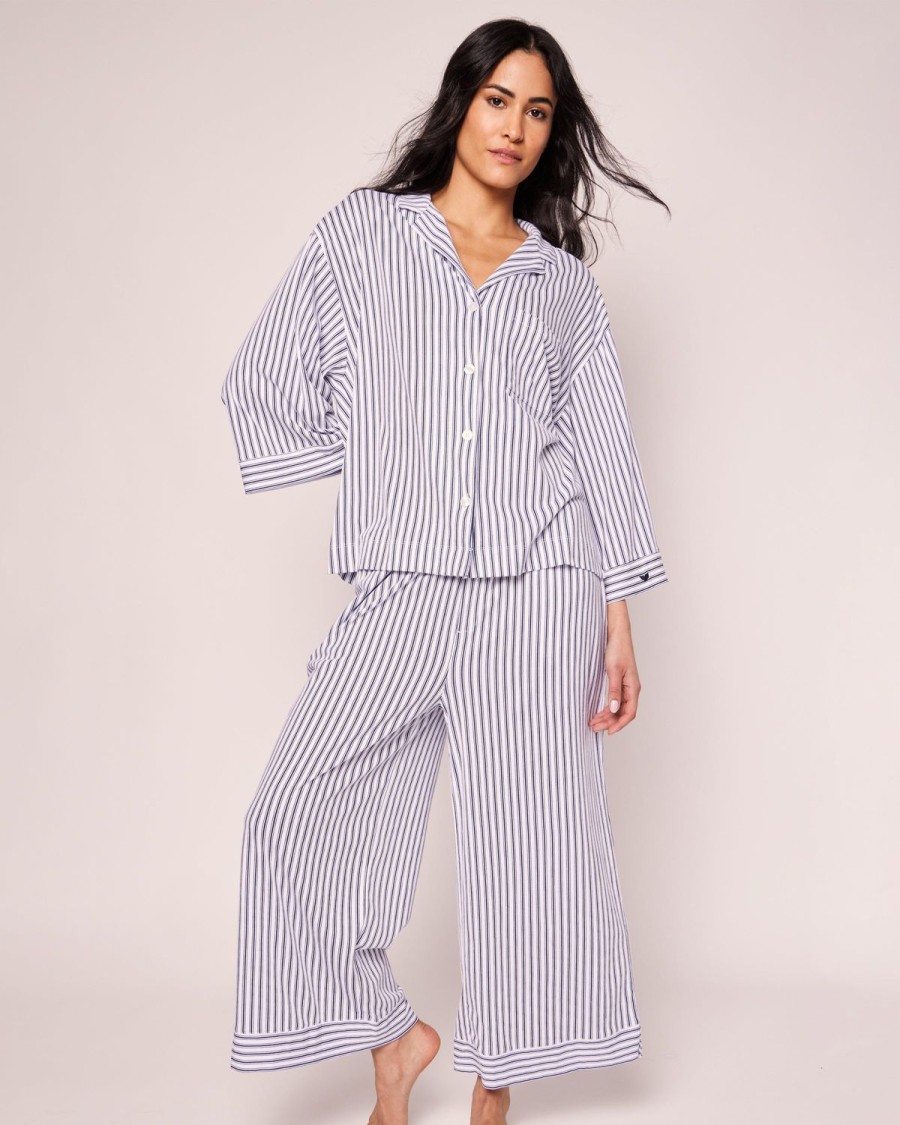 Femmes Petite Plume | Ensemble Pyjama Pima A Jambes Larges Pour Femmes, En Coutil Francais Bleu Marine