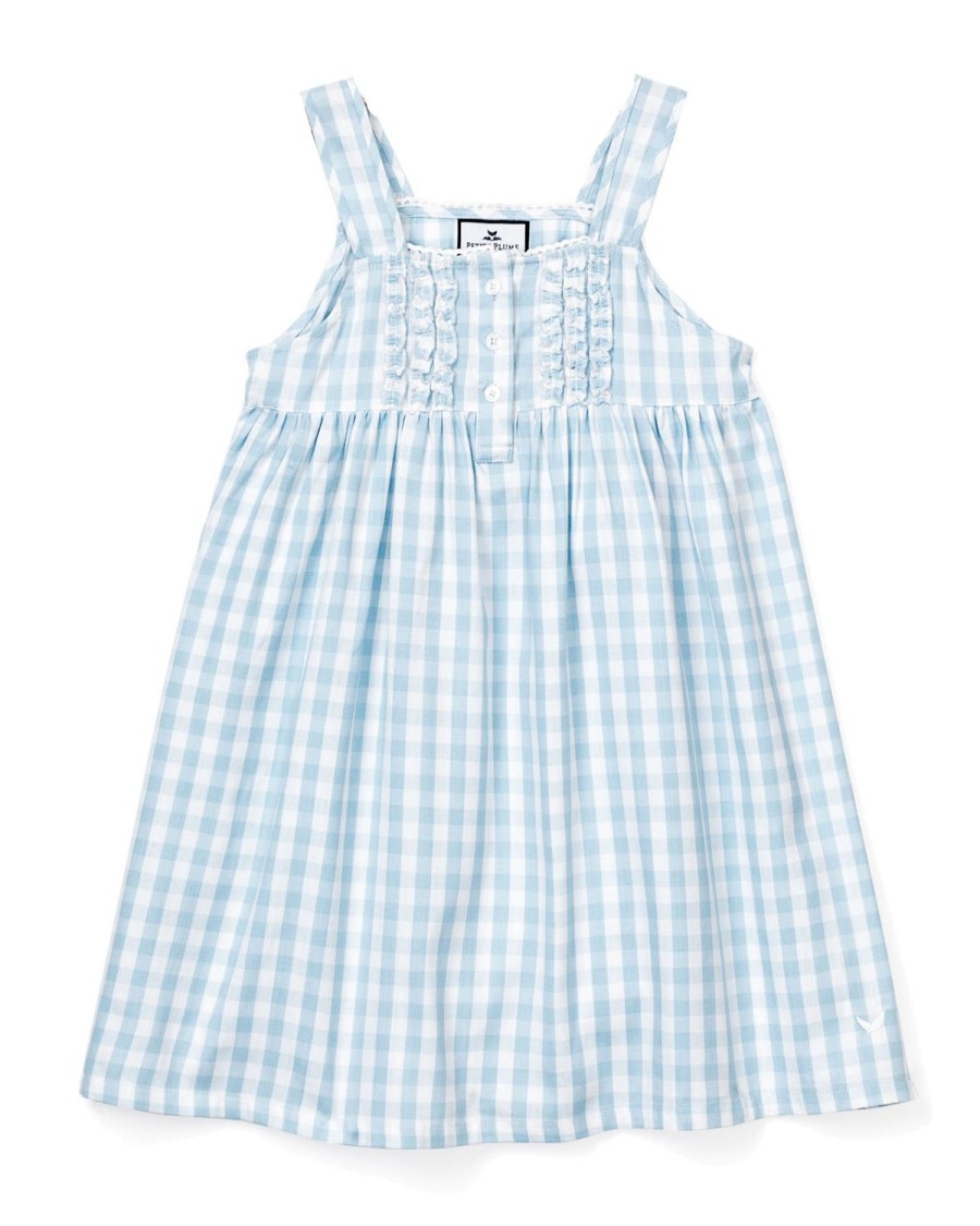 Enfants Petite Plume Chemises De Nuit | Chemise De Nuit Charlotte En Serge Pour Fille En Vichy Bleu Clair