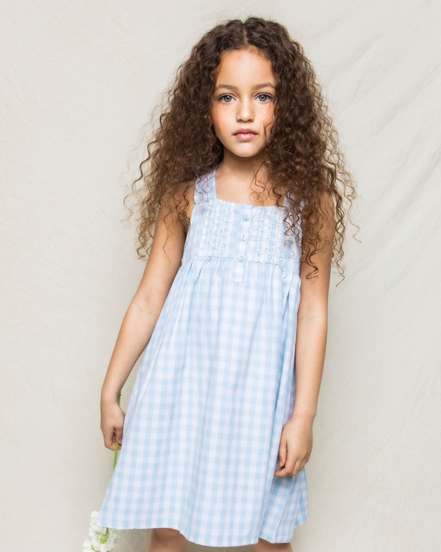 Enfants Petite Plume Chemises De Nuit | Chemise De Nuit Charlotte En Serge Pour Fille En Vichy Bleu Clair