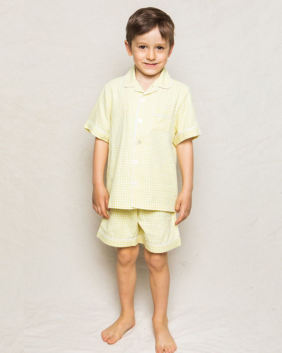 Enfants Petite Plume Pyjamas | Ensemble Pyjama Court En Serge Pour Enfant En Vichy Jaune