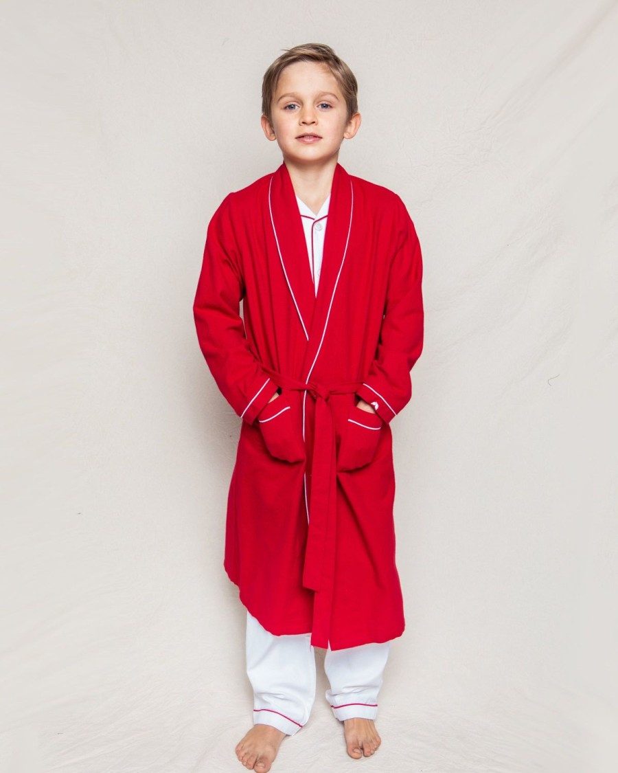 Enfants Petite Plume Peignoirs | Robe En Flanelle Pour Enfant En Rouge Avec Passepoil Blanc