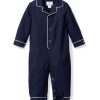 Enfants Petite Plume Barboteuse | Barboteuse En Flanelle Pour Bebe En Bleu Marine Avec Passepoil Blanc