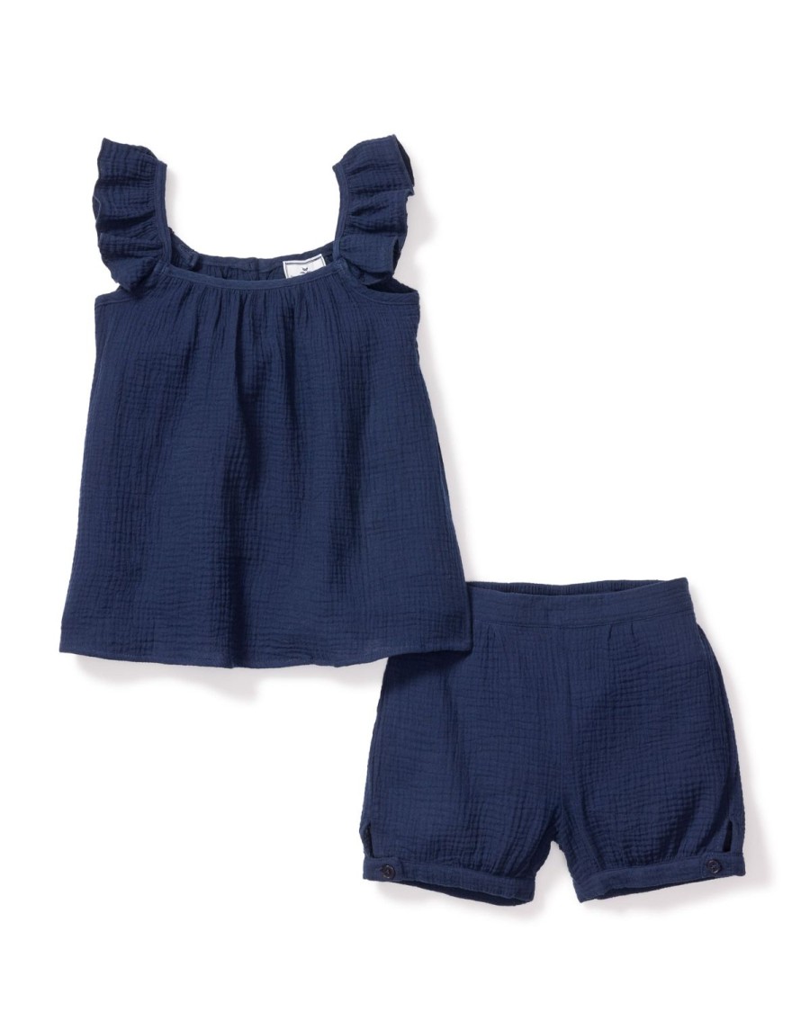 Enfants Petite Plume Vetements De Jour | Ensemble Court Amelie En Gaze Pour Fille En Bleu Marine