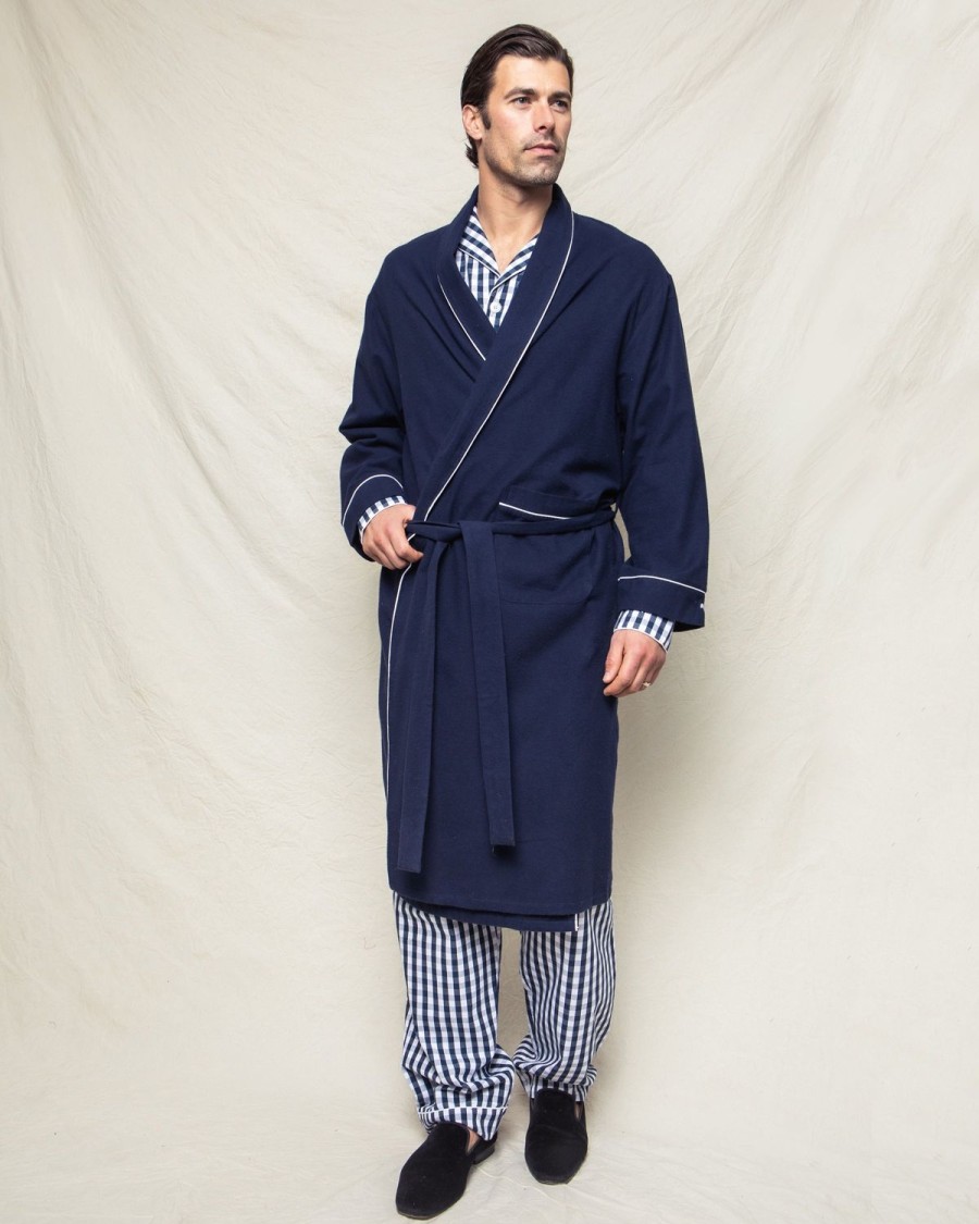 Hommes Petite Plume | Robe En Flanelle Pour Hommes En Bleu Marine Avec Passepoil Blanc