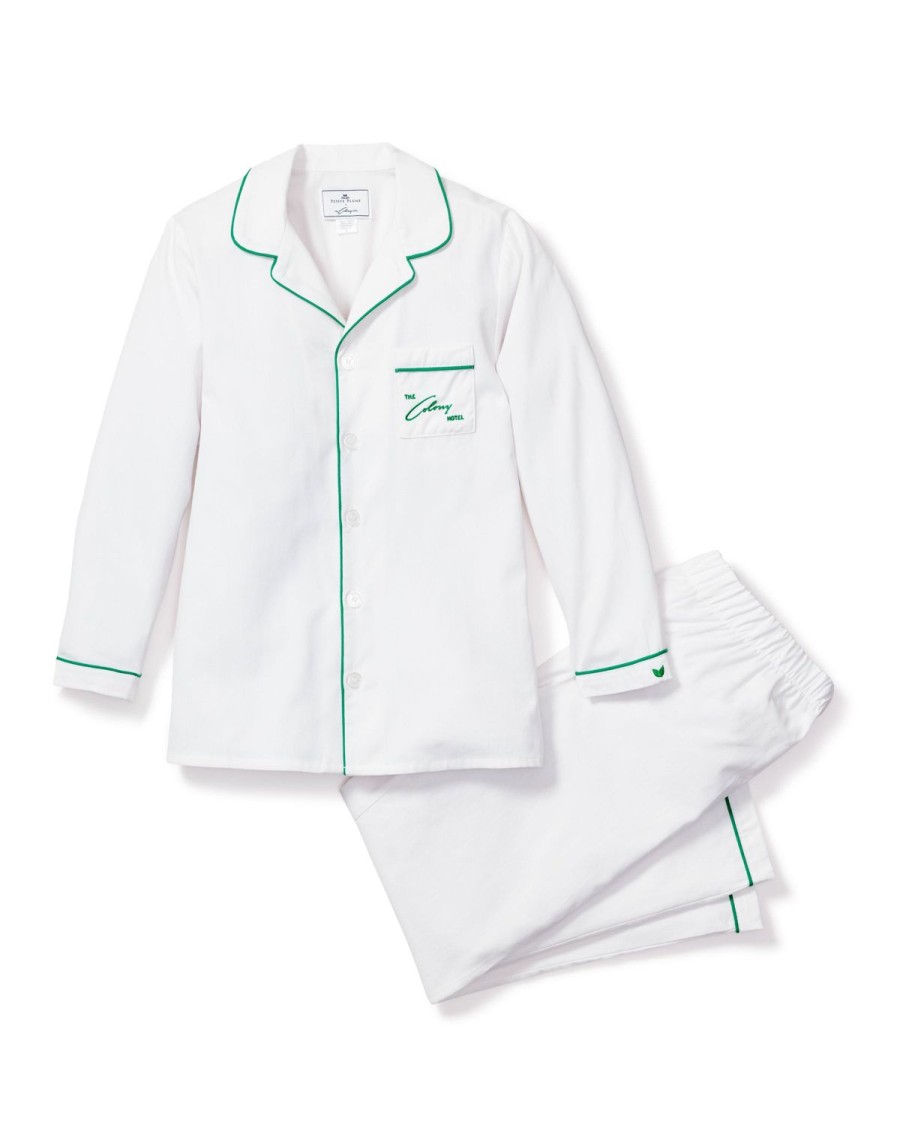 Enfants Petite Plume Pyjamas | Ensemble De Pyjama Blanc Avec Passepoil Vert Pour Enfant Colony Hotel X Petite Plume