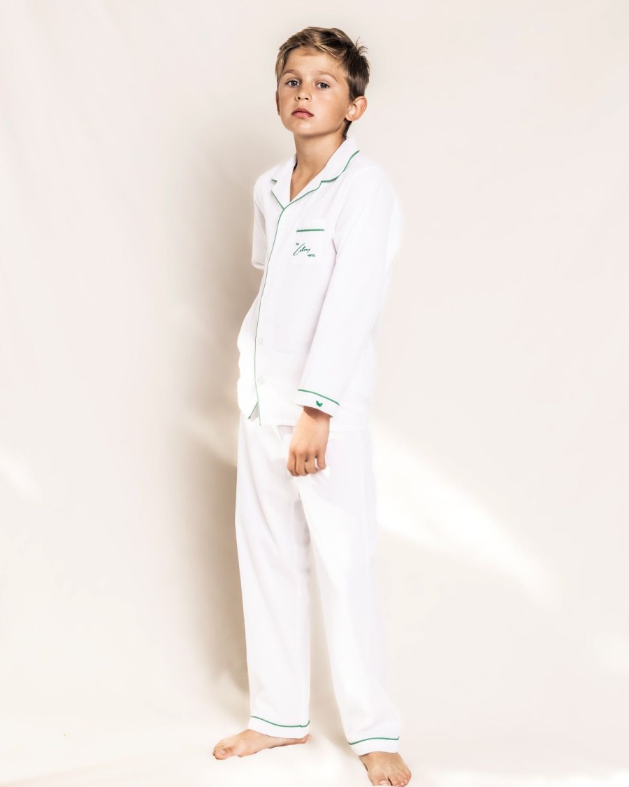 Enfants Petite Plume Pyjamas | Ensemble De Pyjama Blanc Avec Passepoil Vert Pour Enfant Colony Hotel X Petite Plume