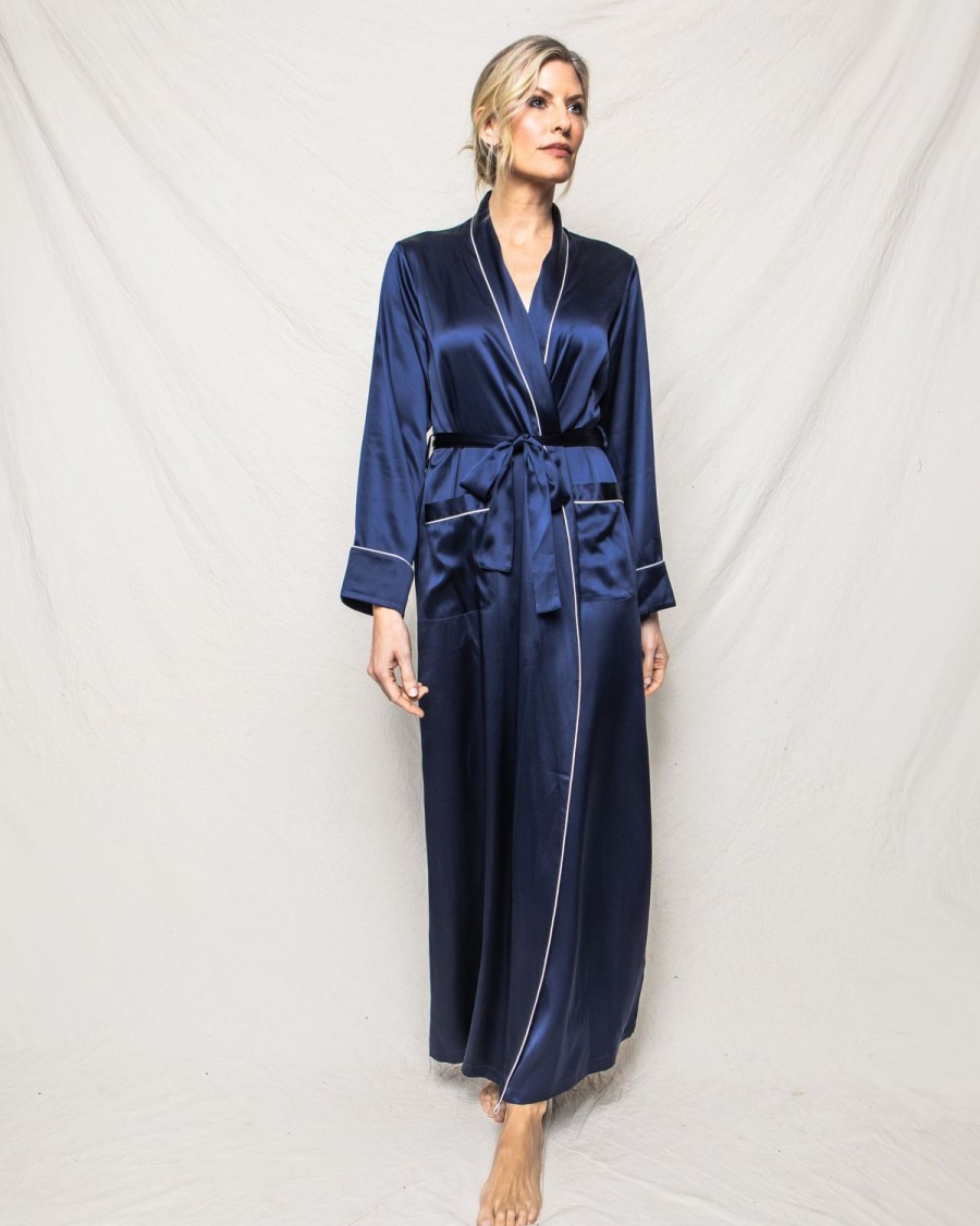 Femmes Petite Plume | Robe Longue En Soie Pour Femmes En Bleu Marine