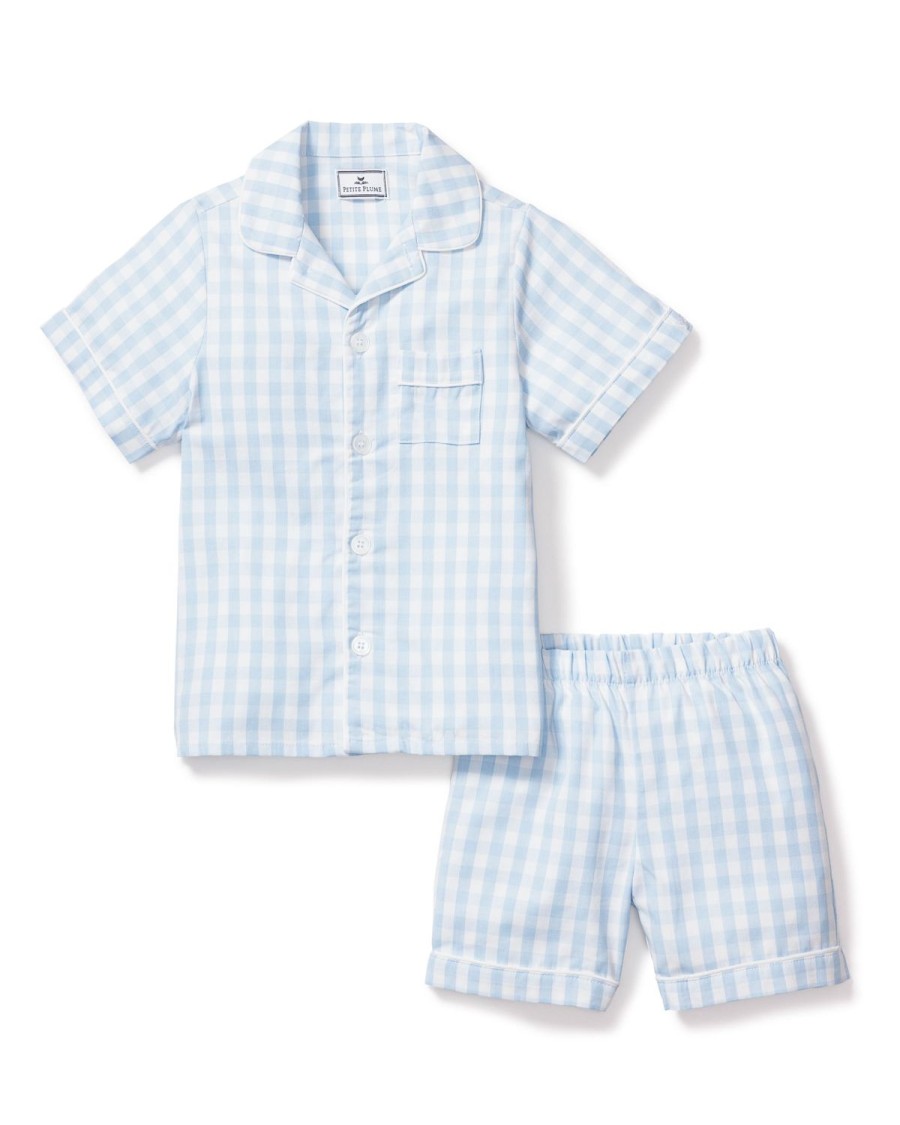 Enfants Petite Plume Pyjamas | Ensemble Pyjama Court En Serge Pour Enfant En Vichy Bleu Clair