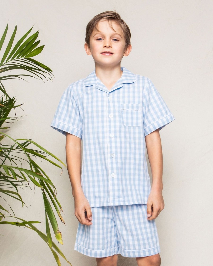 Enfants Petite Plume Pyjamas | Ensemble Pyjama Court En Serge Pour Enfant En Vichy Bleu Clair