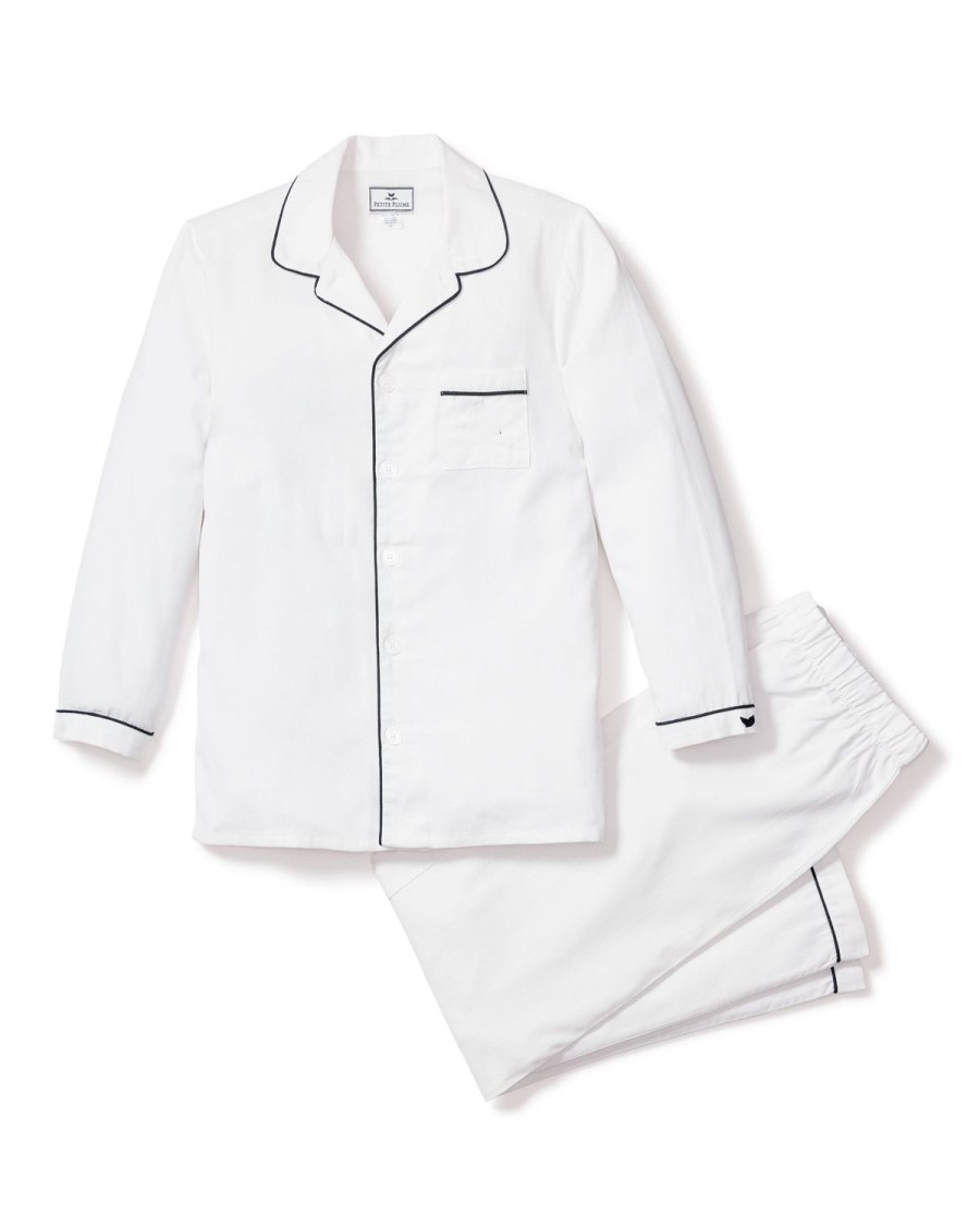 Enfants Petite Plume Pyjamas | Ensemble Pyjama En Serge Pour Enfant En Blanc Avec Passepoil Bleu Marine