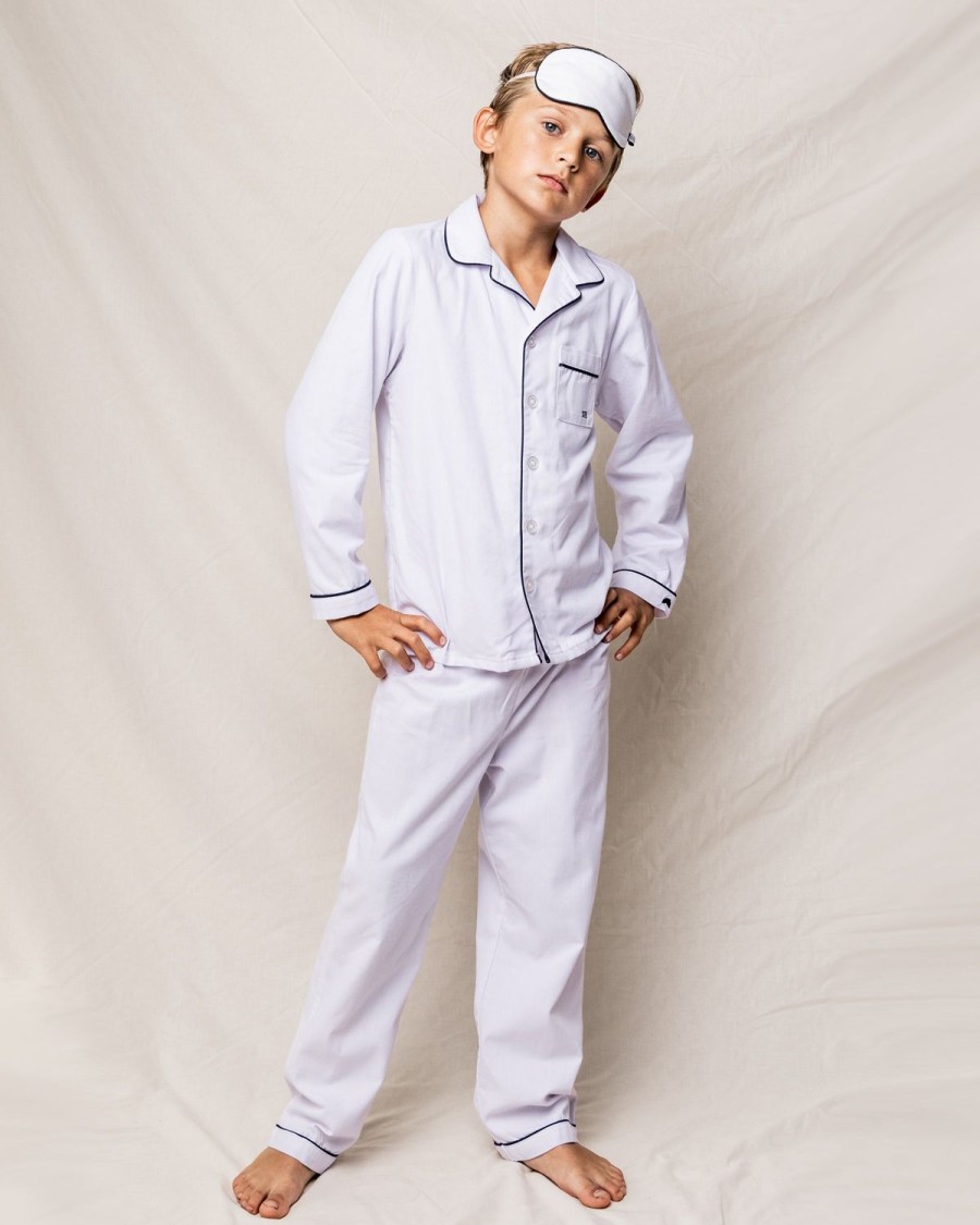 Enfants Petite Plume Pyjamas | Ensemble Pyjama En Serge Pour Enfant En Blanc Avec Passepoil Bleu Marine