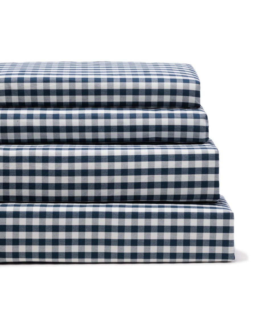 Maison Petite Plume Feuilles | Draps De Lit Luxe Premium En Coton A Carreaux Vichy Bleu Marine