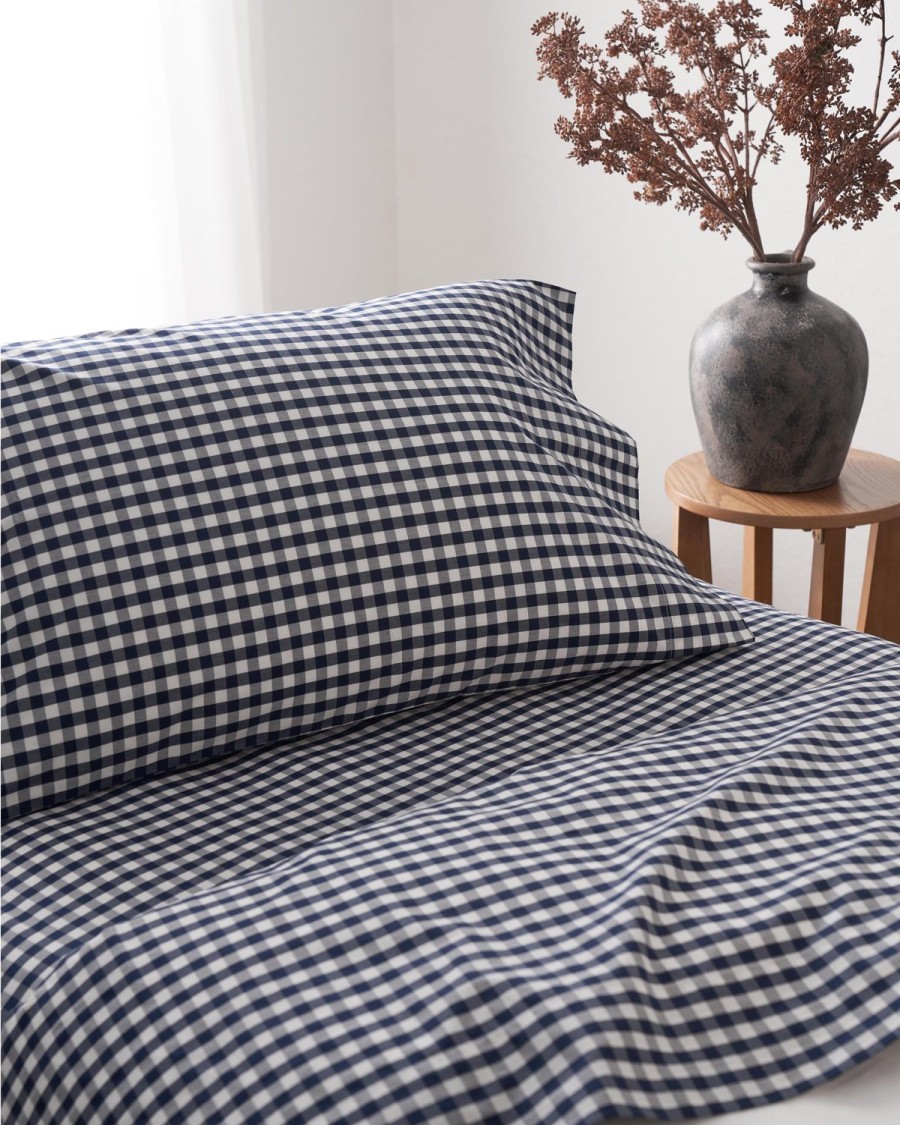 Maison Petite Plume Feuilles | Draps De Lit Luxe Premium En Coton A Carreaux Vichy Bleu Marine