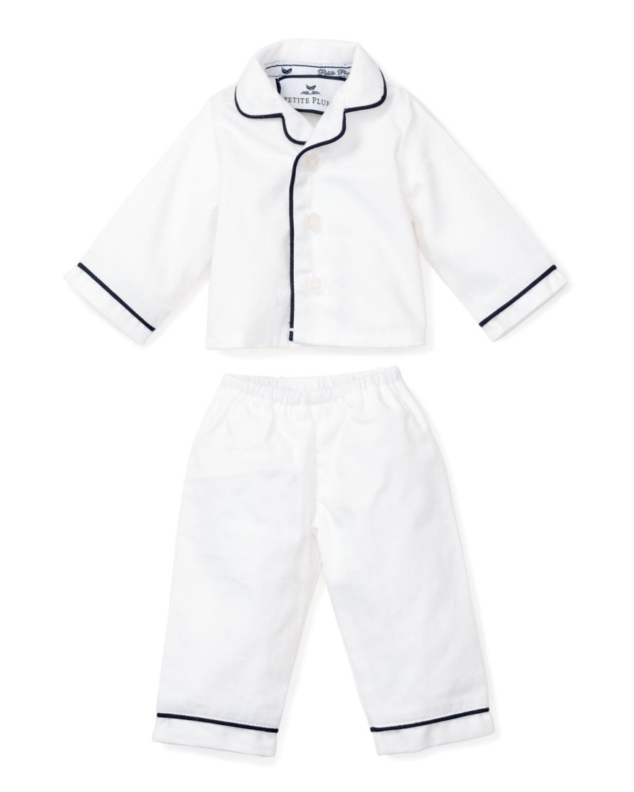 Enfants Petite Plume Pantoufles Et Accessoires | Pyjama De Poupee En Serge Pour Enfant En Blanc Avec Passepoil Bleu Marine