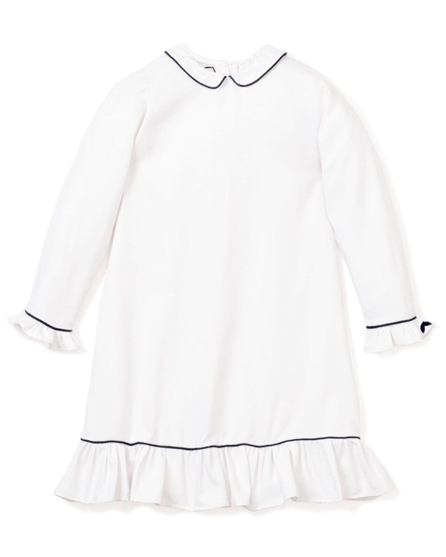 Enfants Petite Plume Chemises De Nuit | Chemise De Nuit Sophia En Serge Pour Fille En Blanc Avec Passepoil Bleu Marine