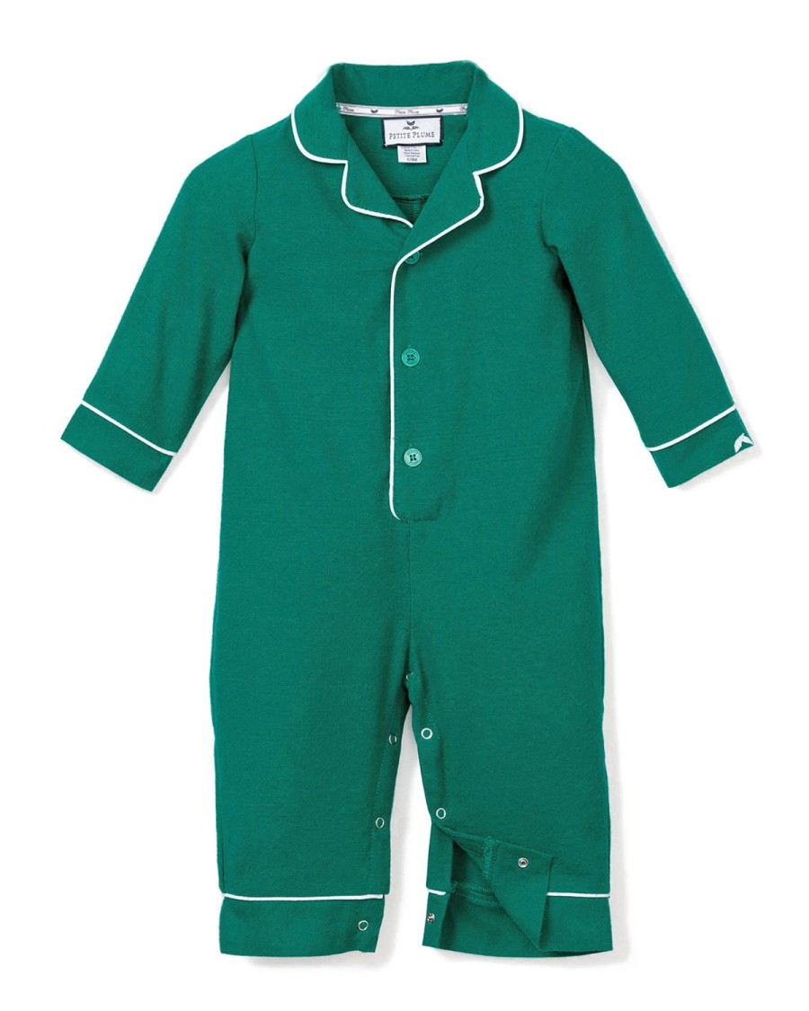 Enfants Petite Plume Barboteuse | Barboteuse En Flanelle Pour Bebe Vert Foret Avec Passepoil Blanc